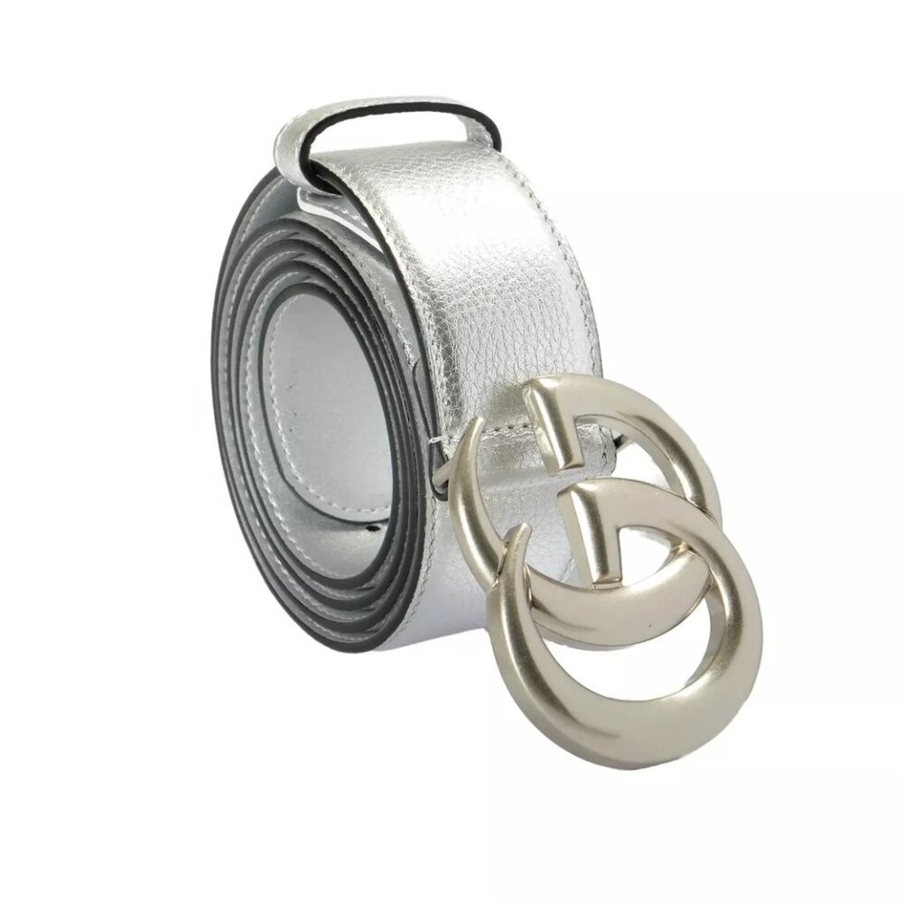 Gucci Silver 100% Leather Double G Buckle Decorated Belt US 40 IT 100